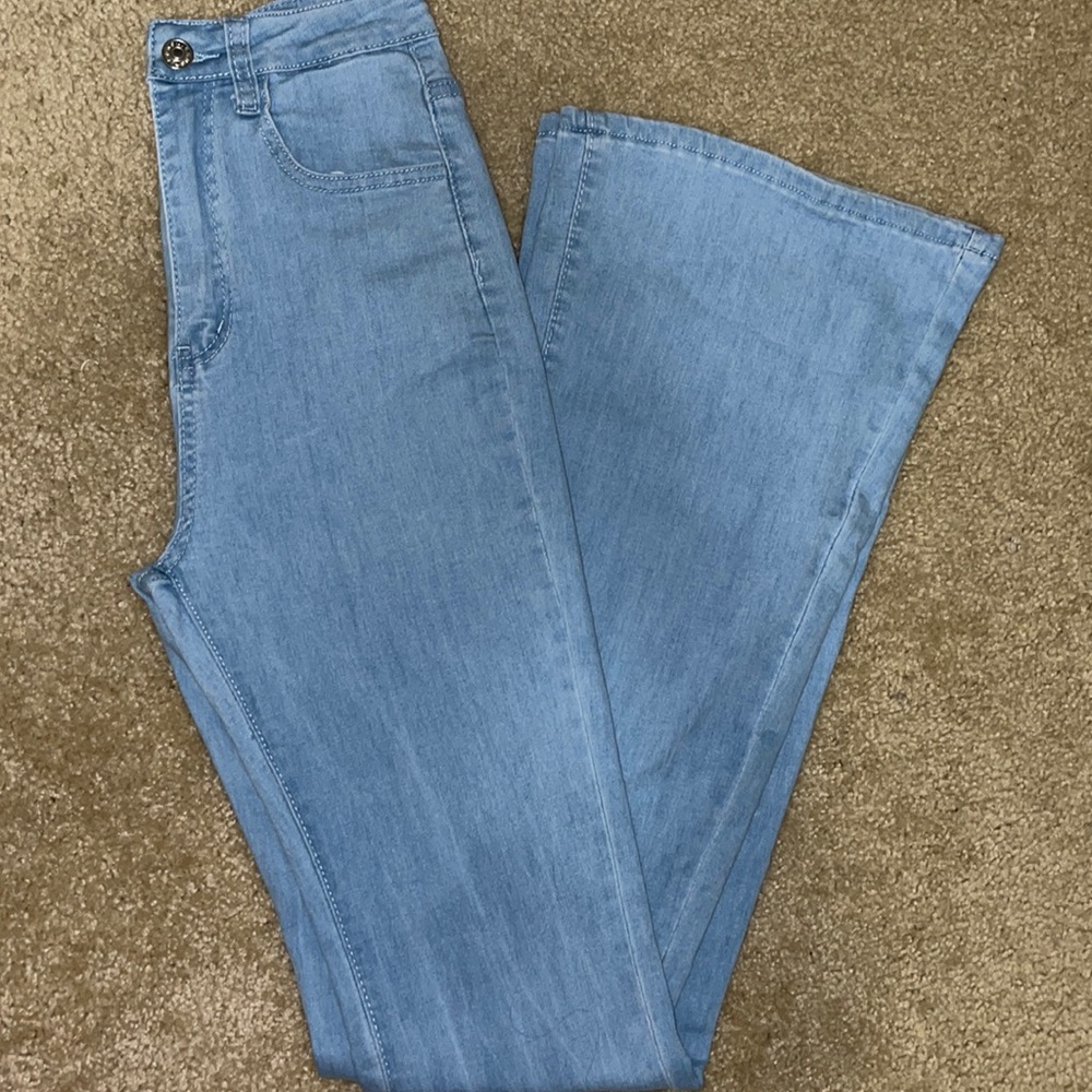 SHIEN baby blue high waisted flare leg jeans